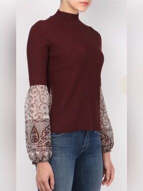 Veronica Beard Moon Mixed Media Mockneck Sweater Blouse Silk Maroon Medium